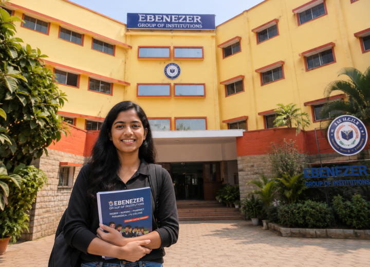 Student standing in front of Ebenezer Degree College campus in Bangalore during admission season