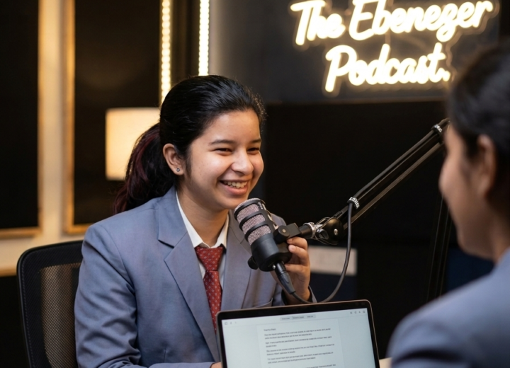 Students recording a session inside the Ebenezer Degree College podcast studio in Bangalore